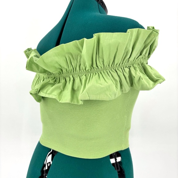 Zara NWT Pear Green Ruffled Off-the-Shoulder Ribbed Crop Top, Medium - Picture 10 of 15